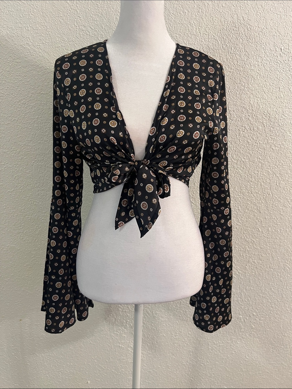Nasty Gal Black Tie-Front Crop Top with Beige Medallion Print